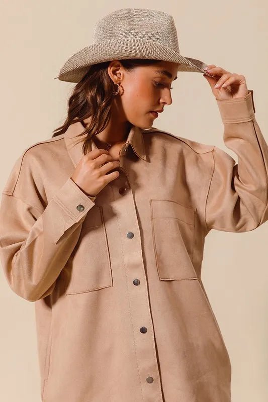 SO ME Faux Sued Snap Shacket with Collar and Pockets - Love Salve