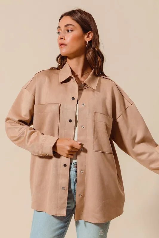 SO ME Faux Sued Snap Shacket with Collar and Pockets - Love Salve