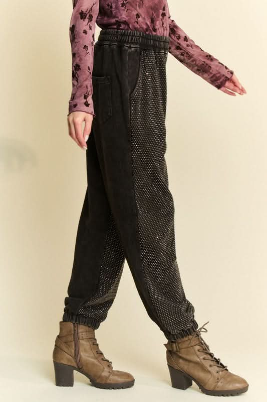 Sparkling Rhinestone-Embellished Elastic Waist Joggers - Love Salve