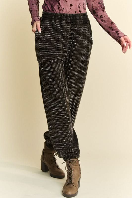 Sparkling Rhinestone-Embellished Elastic Waist Joggers - Love Salve