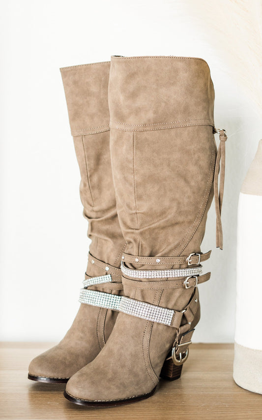 Stacey Boots Taupe Harness Rhinestone 13 Inch Shaft Heel Naughty Monkey