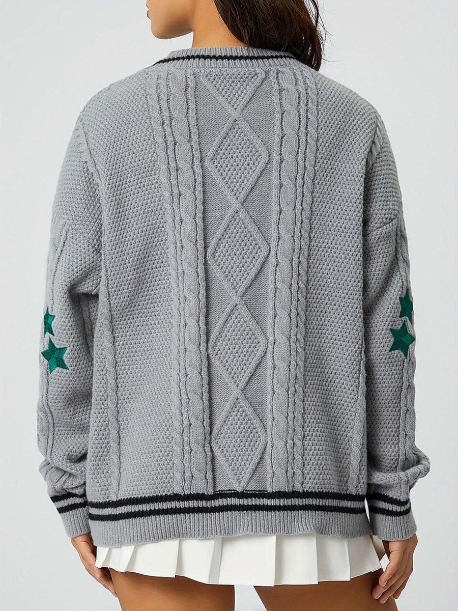 Star Embroidered V-Neck Long Sleeve Cardigan - Love Salve
