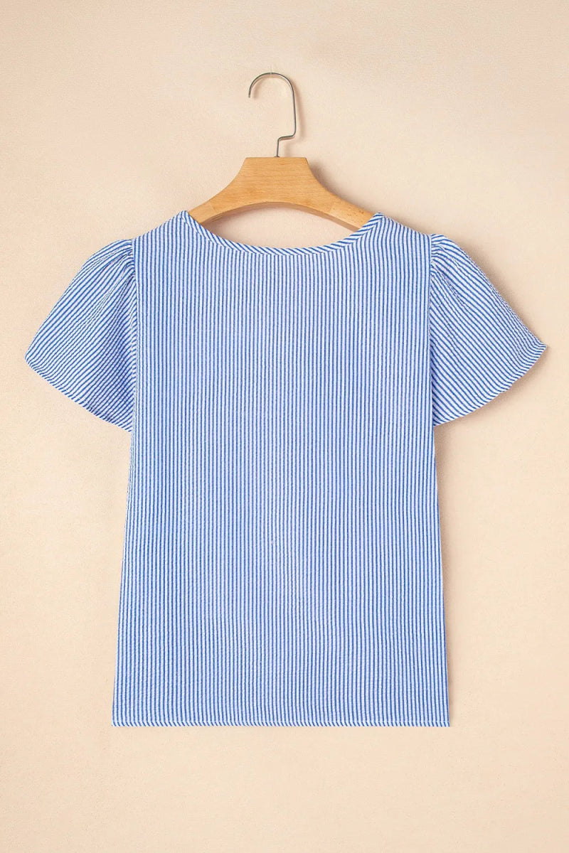 Stripe Textured Ruffle Short Sleeve Boho Detail Square Neck Blouse - Love Salve