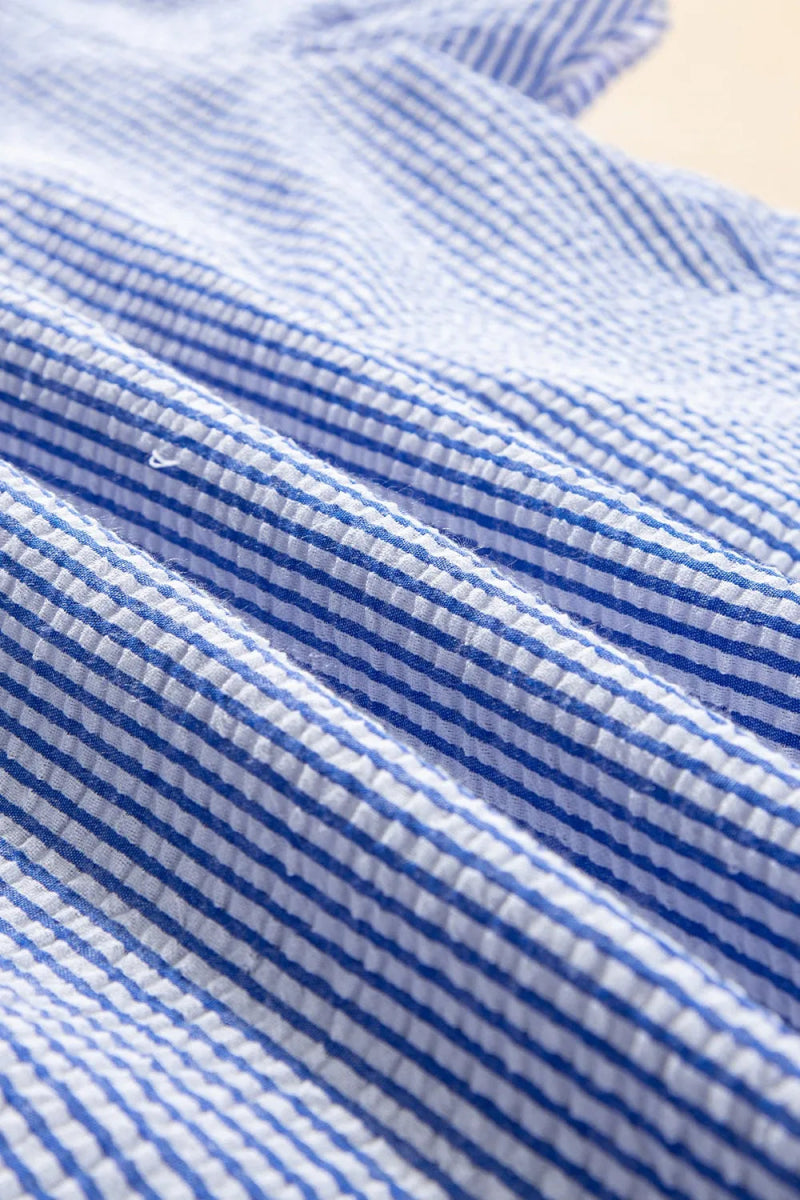 Stripe Textured Ruffle Short Sleeve Boho Detail Square Neck Blouse - Love Salve