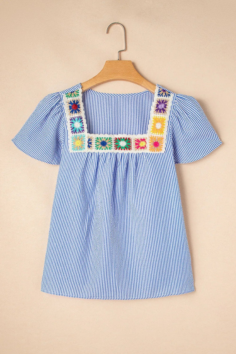 Stripe Textured Ruffle Short Sleeve Boho Detail Square Neck Blouse - Love Salve