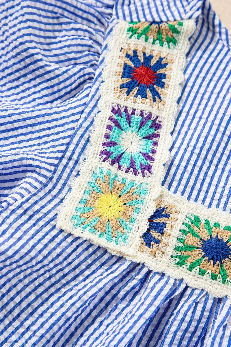 Stripe Textured Ruffle Short Sleeve Boho Detail Square Neck Blouse - Love Salve