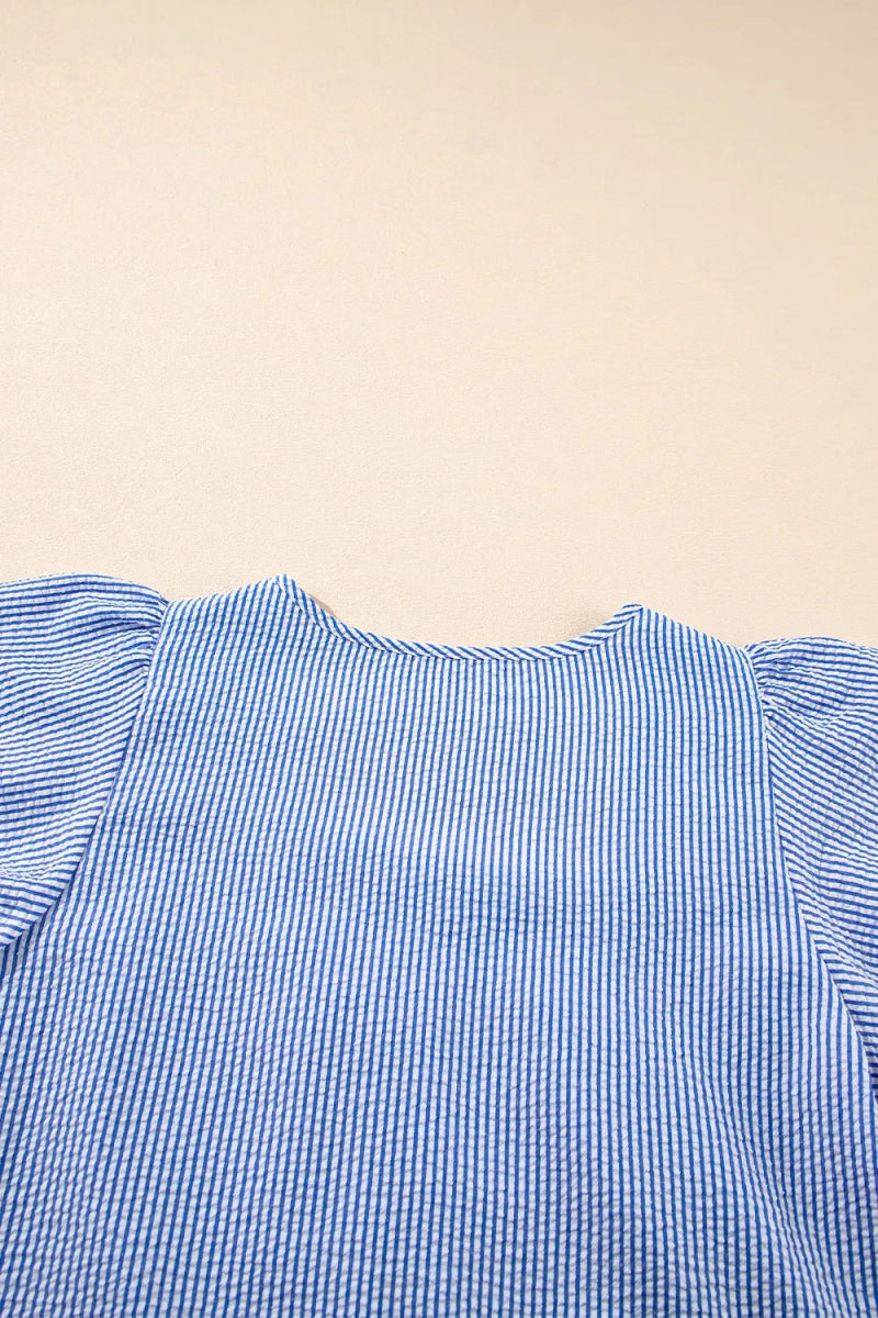 Stripe Textured Ruffle Short Sleeve Boho Detail Square Neck Blouse - Love Salve