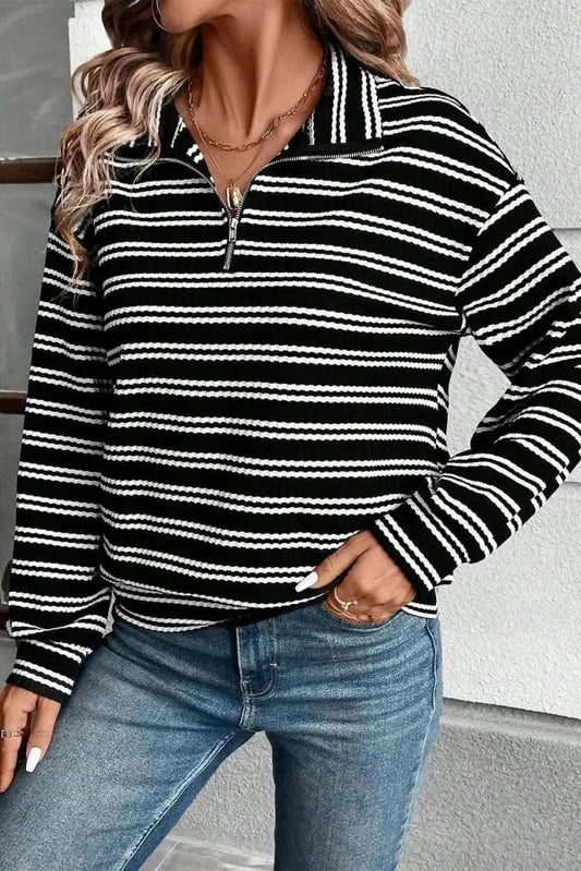 Striped Half Zip Long Sleeve Top - Love Salve