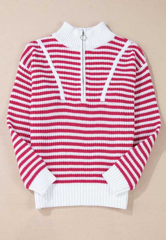 Striped Half Zip Mock Neck Long Sleeve Sweater - Love Salve