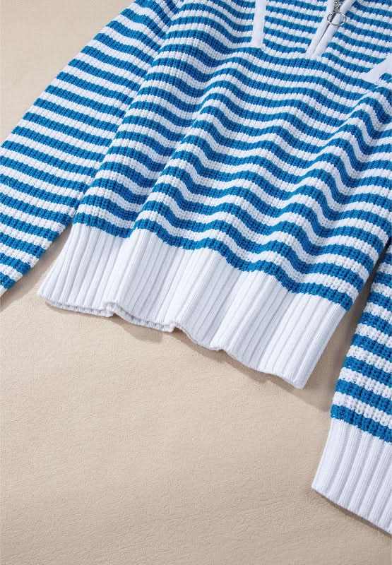 Striped Half Zip Mock Neck Long Sleeve Sweater - Love Salve