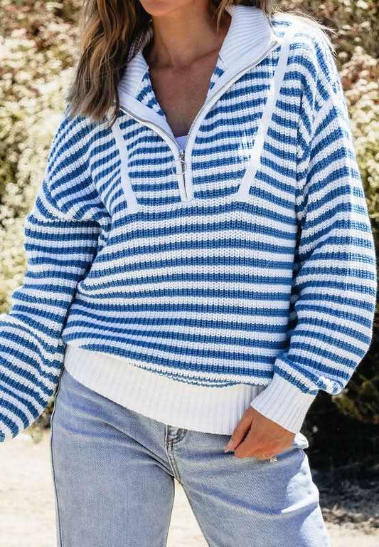 Striped Half Zip Mock Neck Long Sleeve Sweater - Love Salve