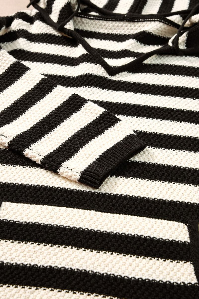 Striped Hooded V-Neck Sweater with Pocket Detail - Love Salve