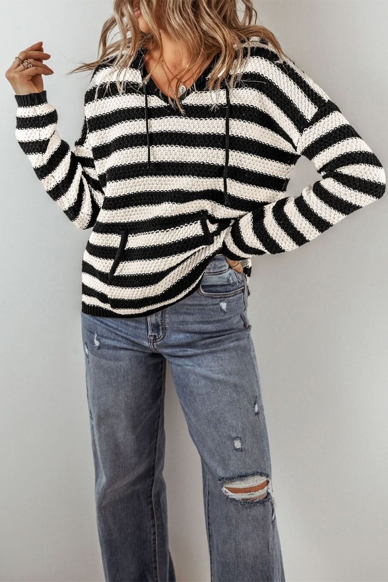 Striped Hooded V-Neck Sweater with Pocket Detail - Love Salve