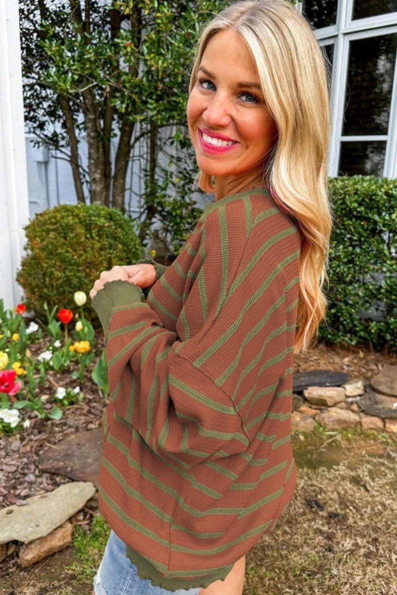 Striped Round Neck Long Sleeve Sweater - Love Salve