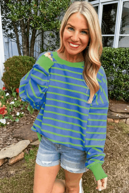 Striped Round Neck Long Sleeve Sweater - Love Salve
