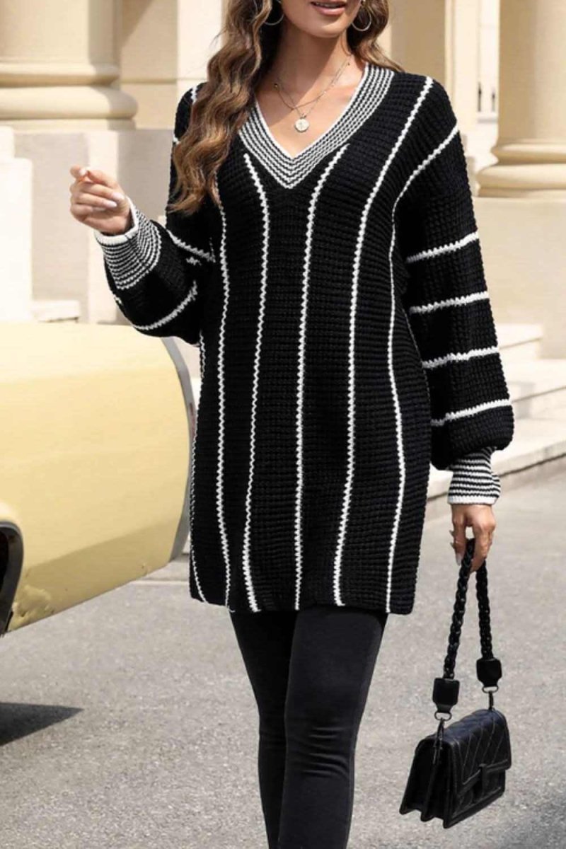 Striped V - Neck Long Sleeve Sweater - Love Salve