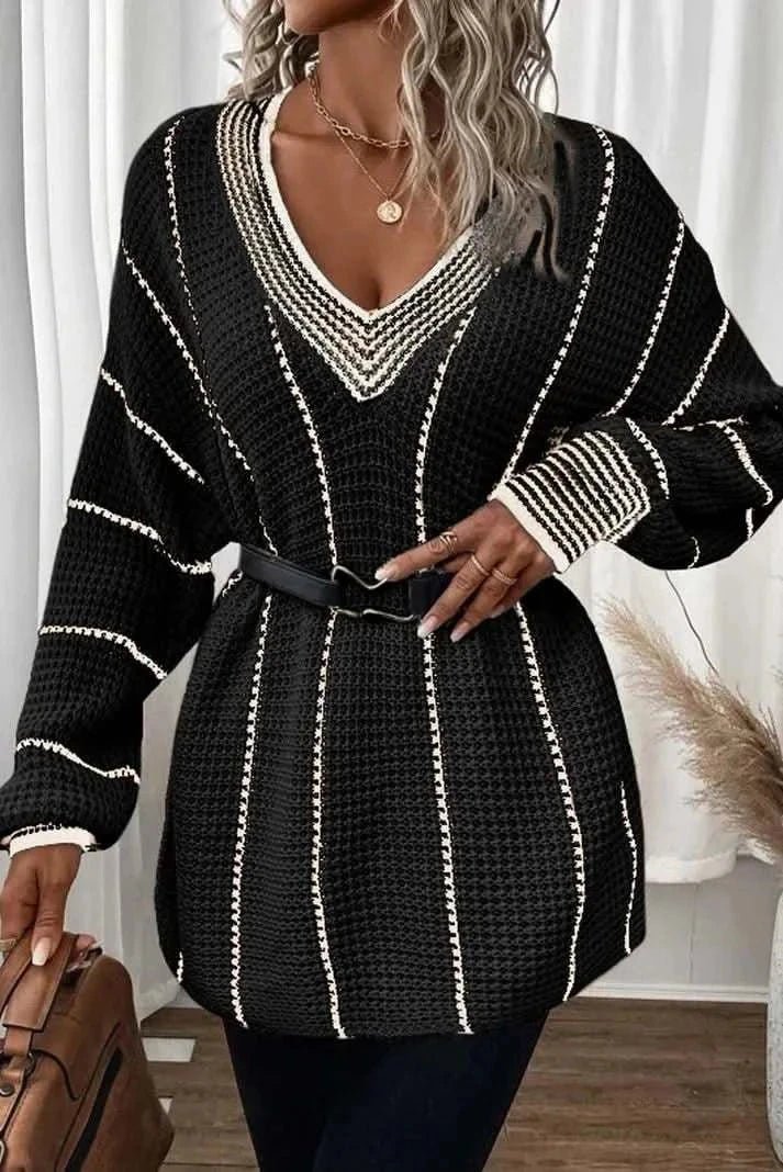 Striped V - Neck Long Sleeve Sweater - Love Salve