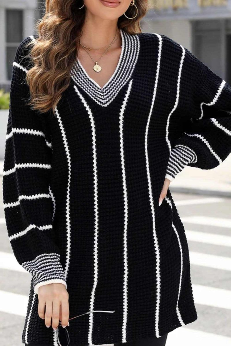 Striped V - Neck Long Sleeve Sweater - Love Salve