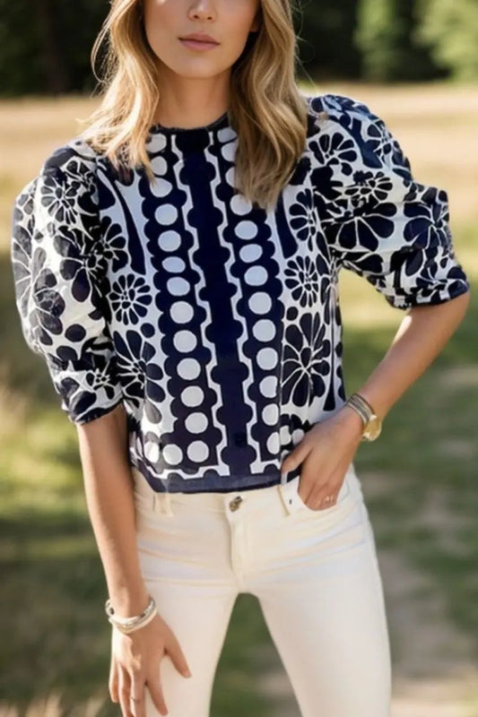 Stylish Printed Round Neck Half Sleeve Blouse for Women - Love Salve