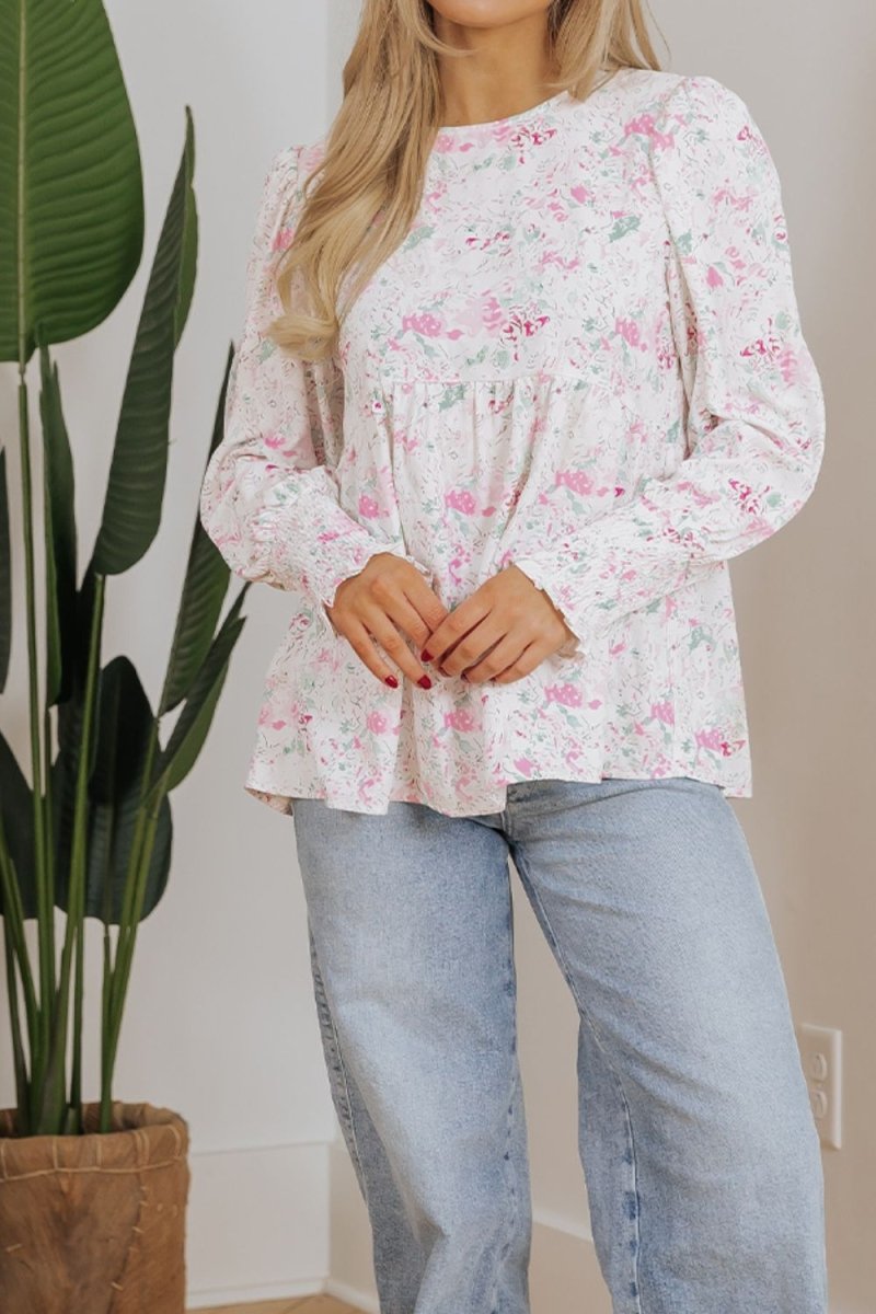 Stylish Printed Round Neck Long Sleeve Blouse for Women - Love Salve