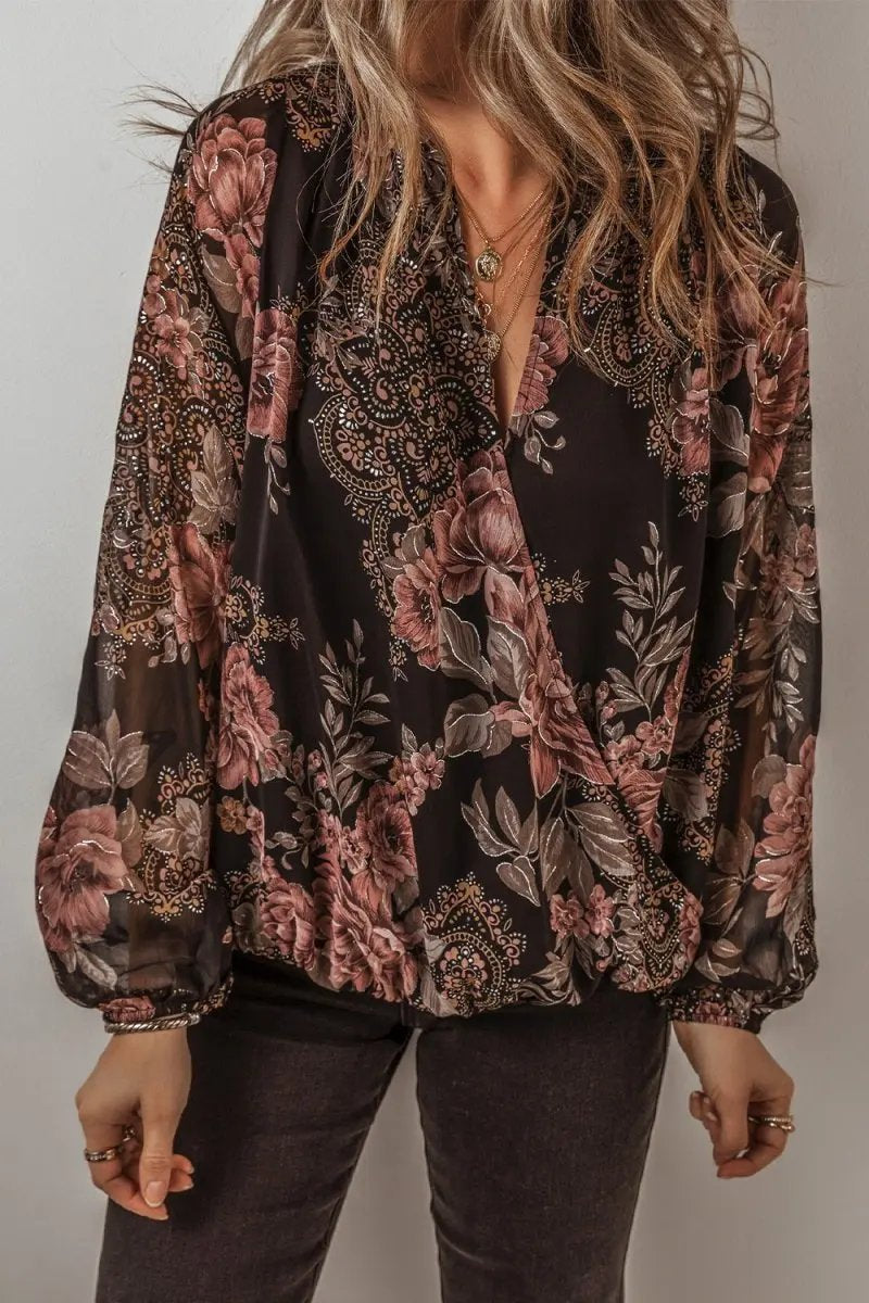 Stylish Printed Surplice Long Sleeve Blouse for Women - Love Salve