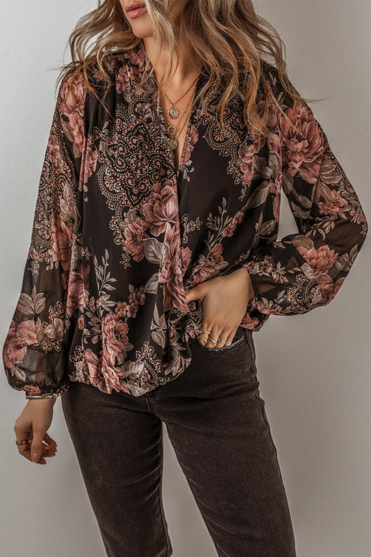 Stylish Printed Surplice Long Sleeve Blouse for Women - Love Salve