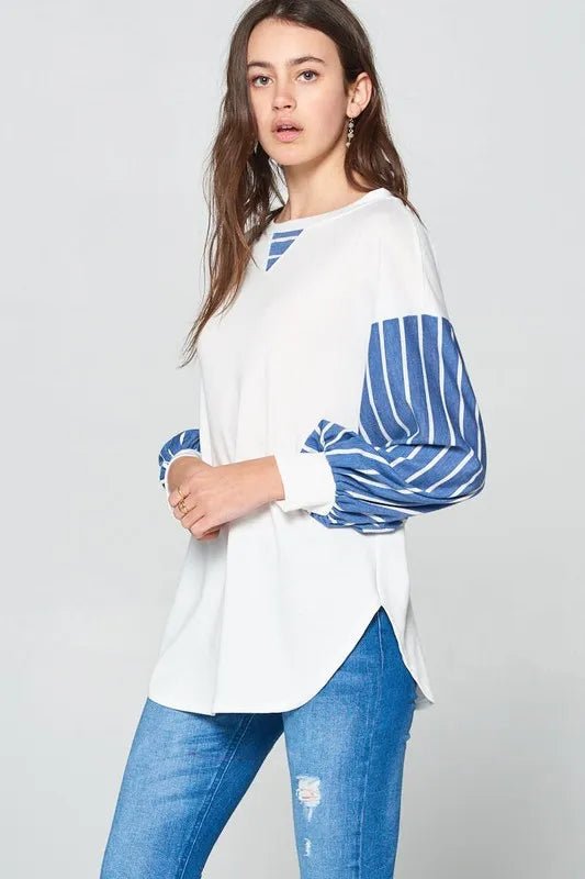 Super Lady Full Size French Terry Striped Long Sleeve Top - Love Salve