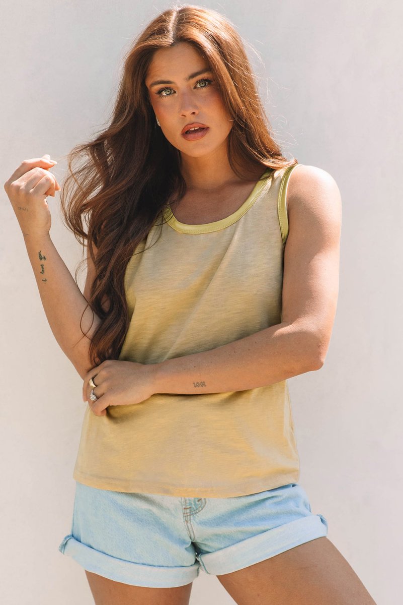 Tan Metallic Sheen Edge Scoop Neck Tank Top - Love Salve