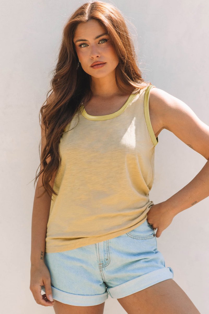 Tan Metallic Sheen Edge Scoop Neck Tank Top - Love Salve