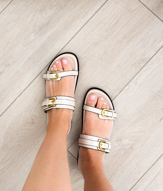 Tess Sandal Cream Upgraded Footbed Dual Straps Gold Buckle Naughty Monkey