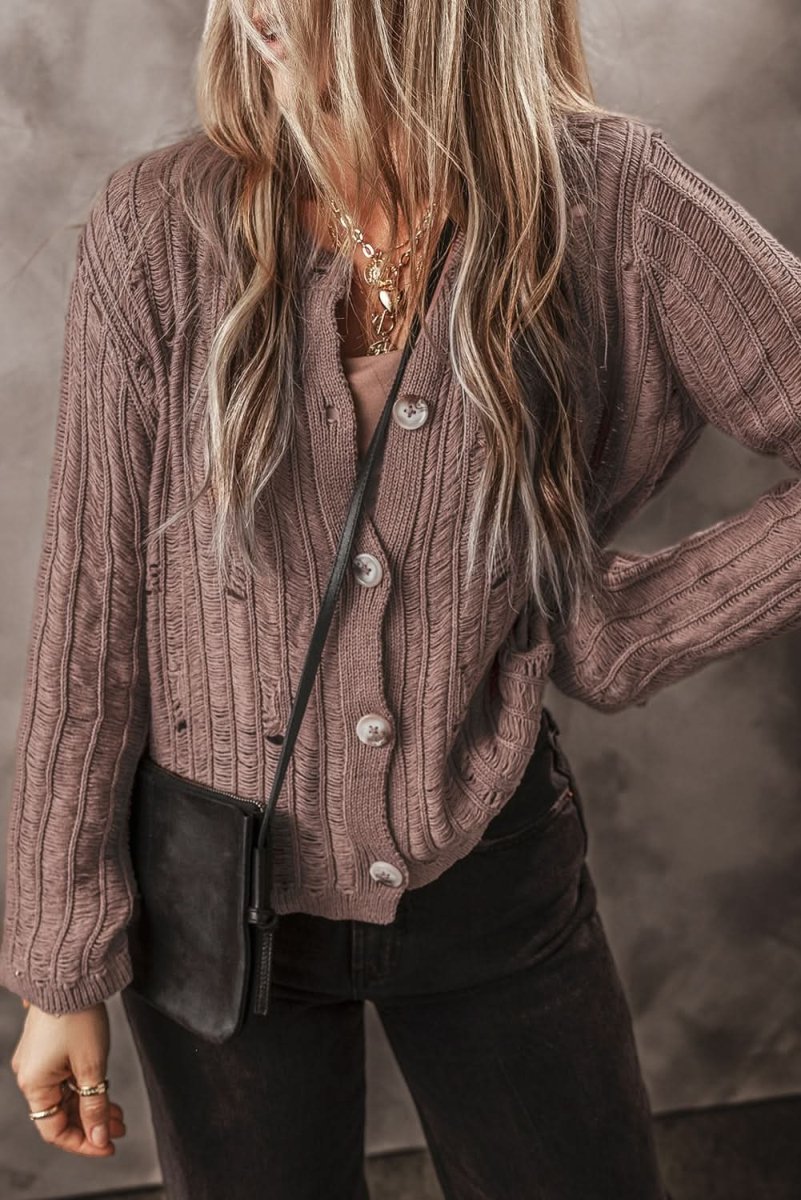 Textured Knit Buttoned Cardigan with Unique Goat Cut-Out Design - Love Salve