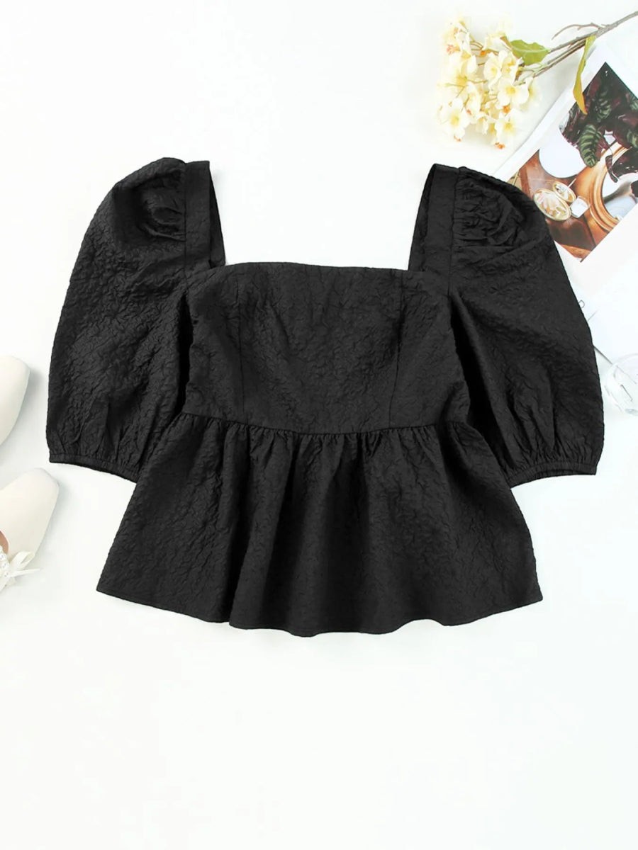 Textured Square Neck Puff Sleeve Peplum Blouse - Love Salve