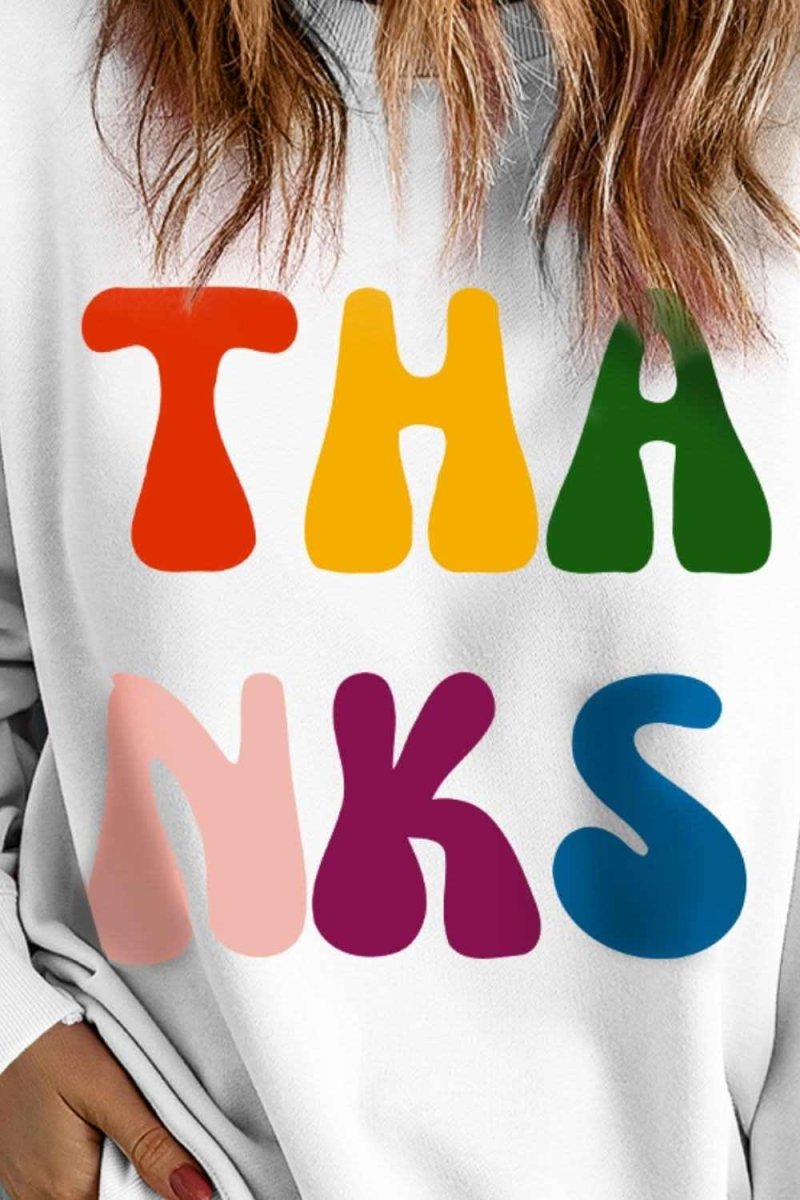 THANKS Round Neck Long Sleeve Sweatshirt - Love Salve