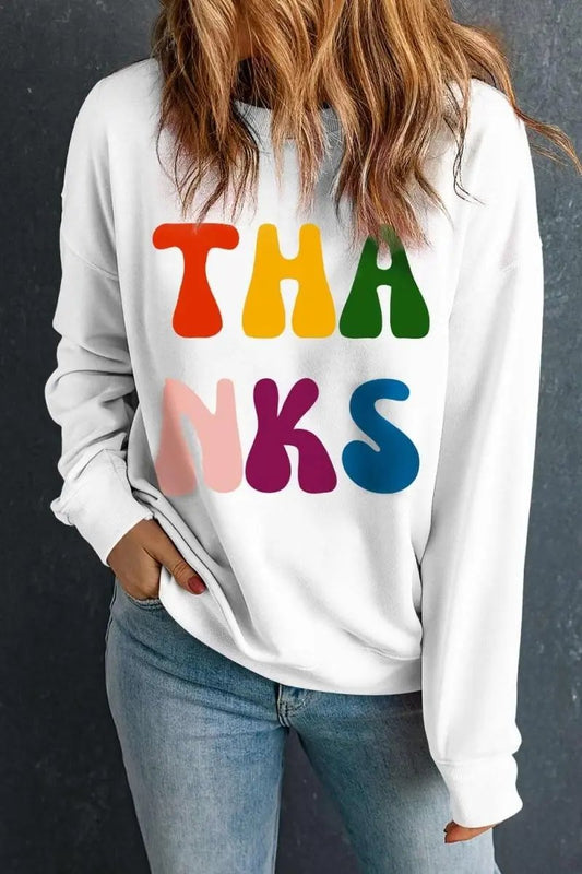 THANKS Round Neck Long Sleeve Sweatshirt - Love Salve