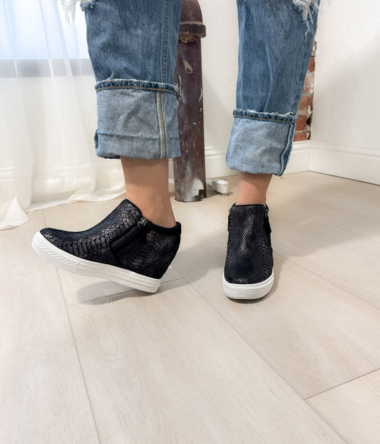 Timmibelle Wedge Sneaker Black Reptile Embossed Leather Naughty Monkey