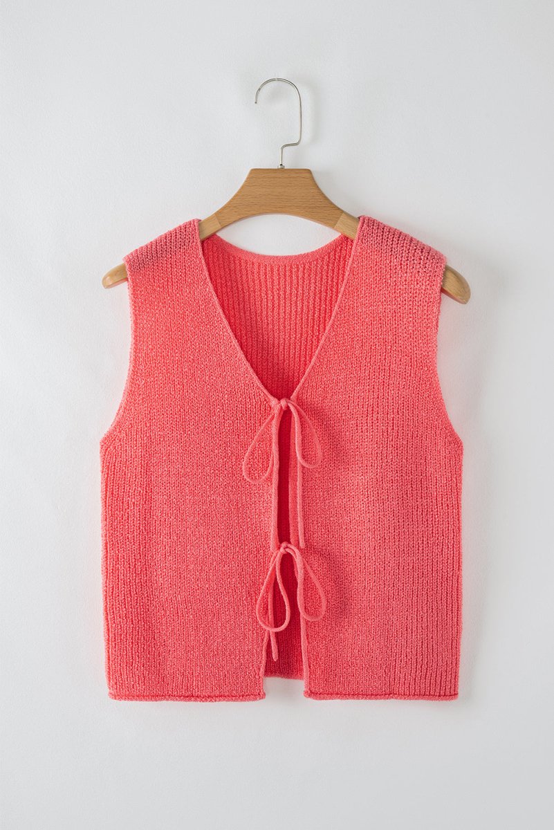 Tomato Red Lace-up Front V Neck Sweater Vest for Women - Love Salve
