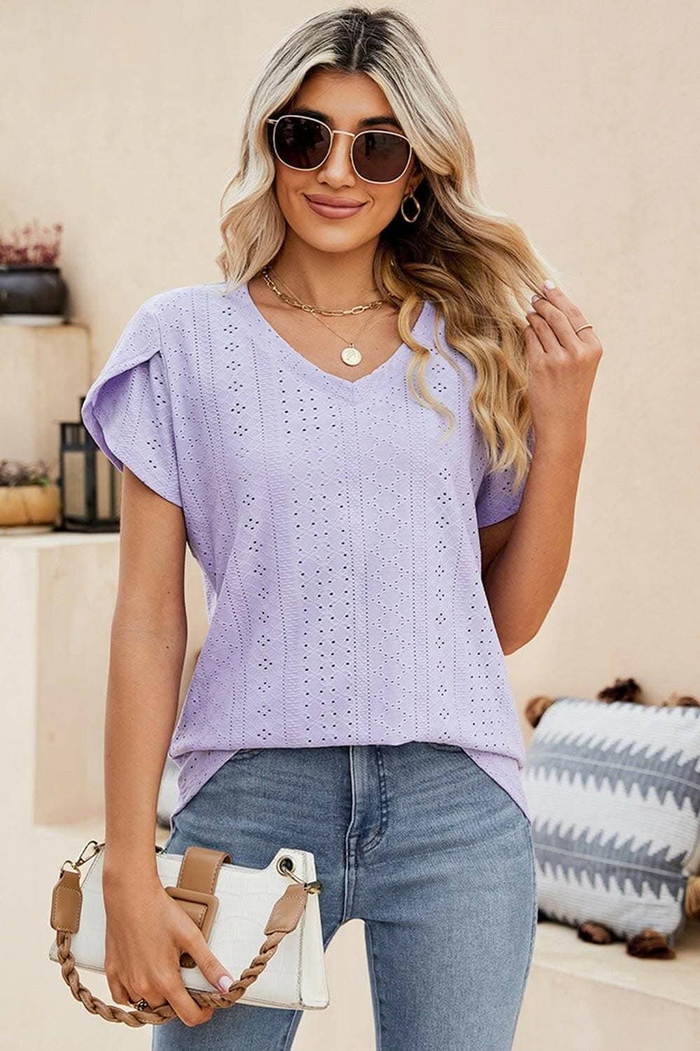 Elegant Eyelet V-Neck Blouse with Petal Sleeves - Love Salve
