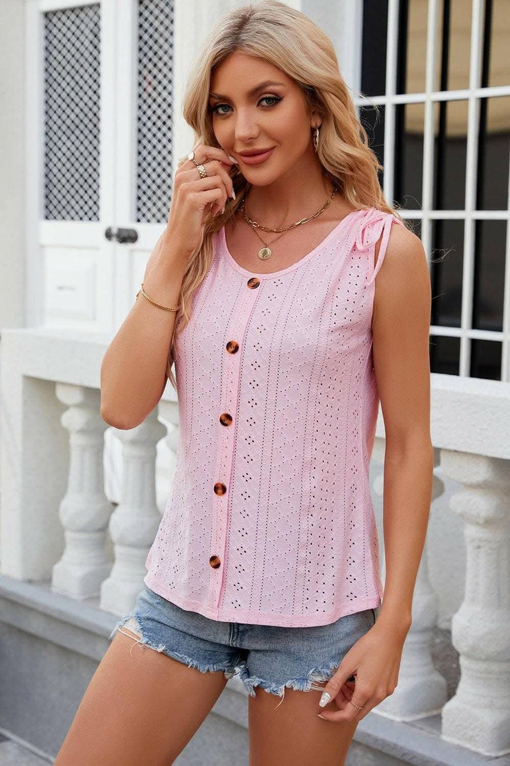 Eyelet Round Neck Wide Strap Tank - Love Salve