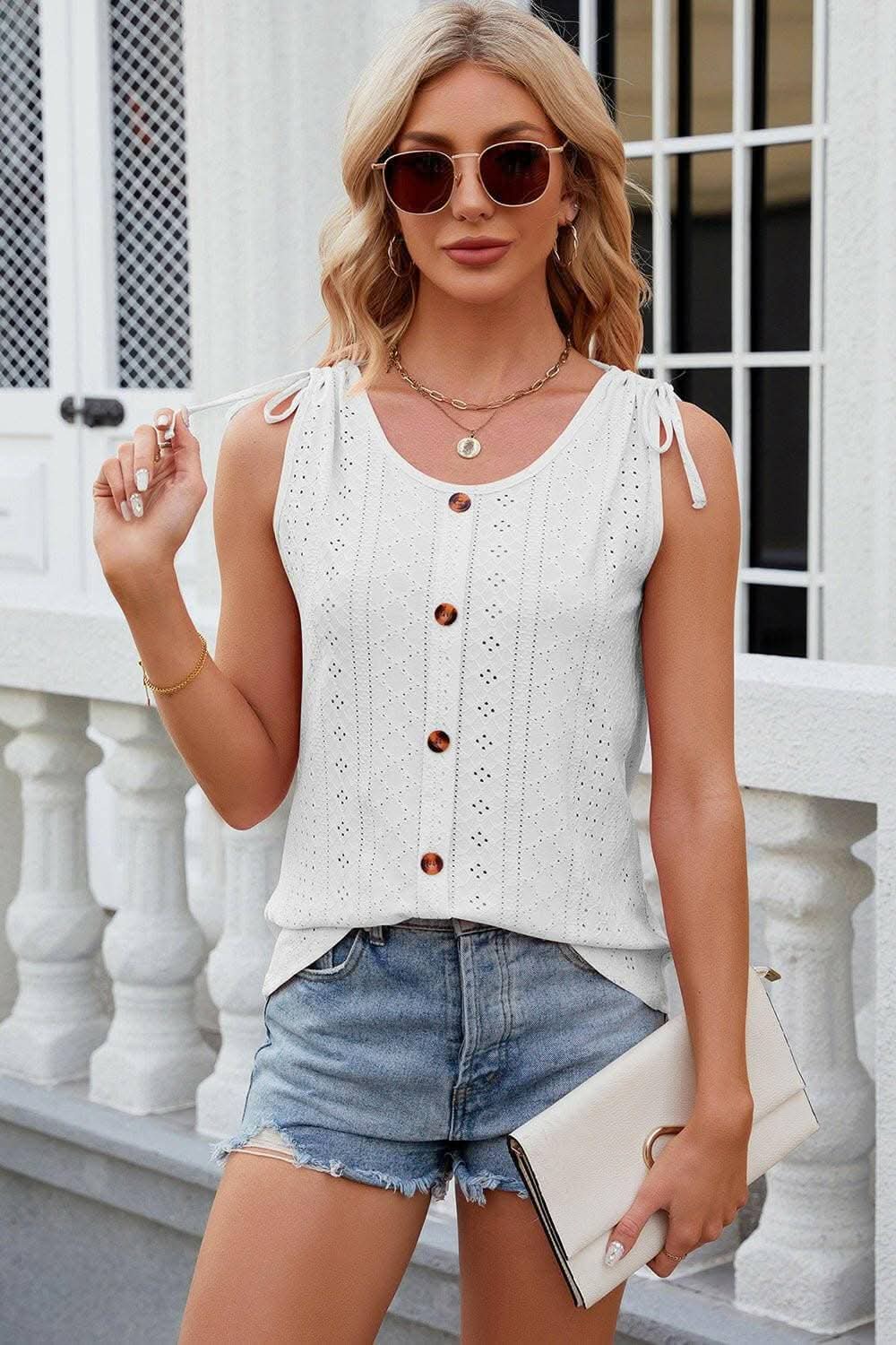 Eyelet Round Neck Wide Strap Tank - Love Salve
