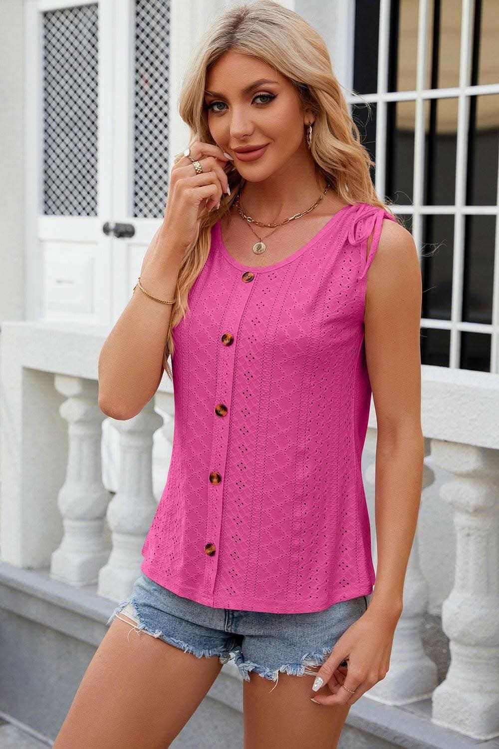 Eyelet Round Neck Wide Strap Tank - Love Salve