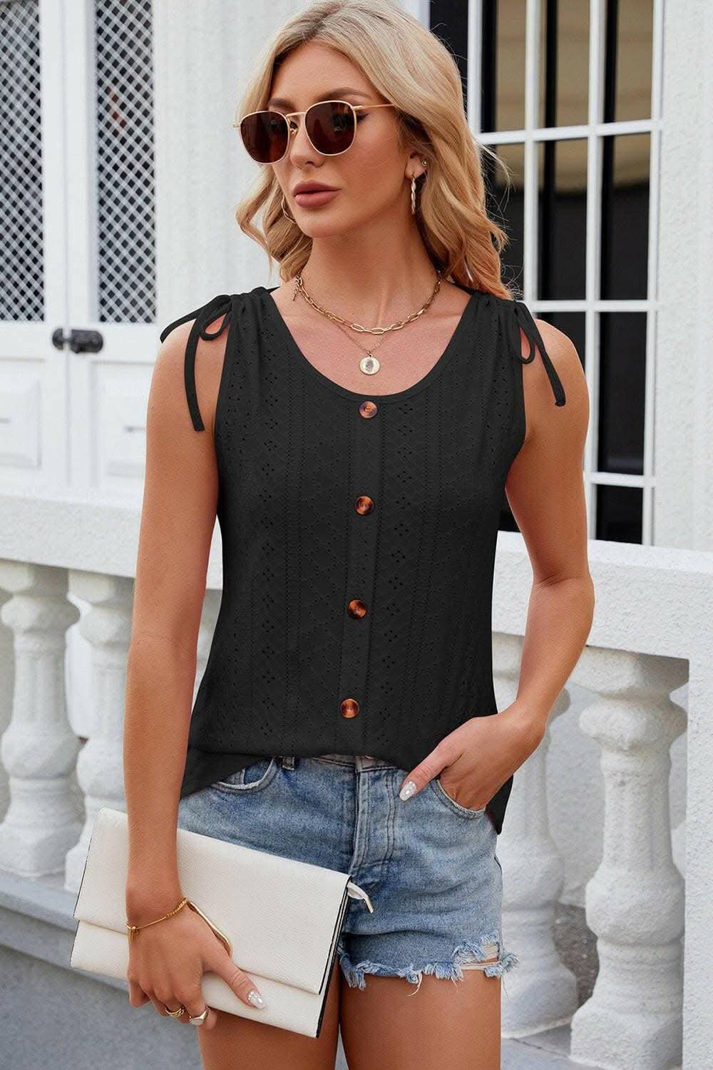 Eyelet Round Neck Wide Strap Tank - Love Salve