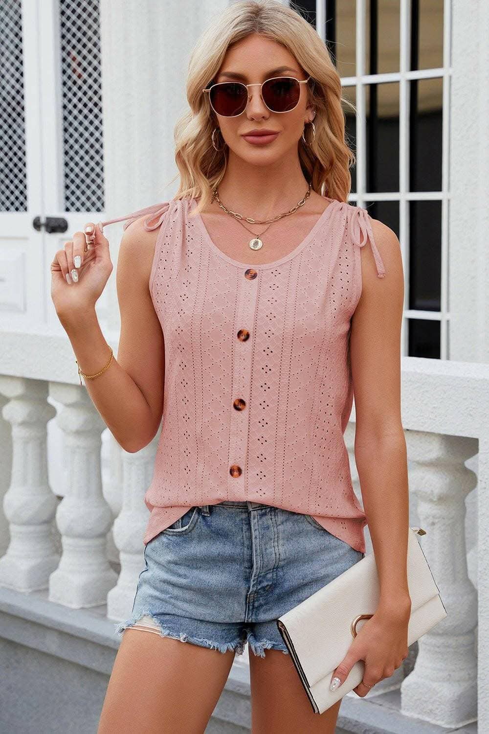 Eyelet Round Neck Wide Strap Tank - Love Salve