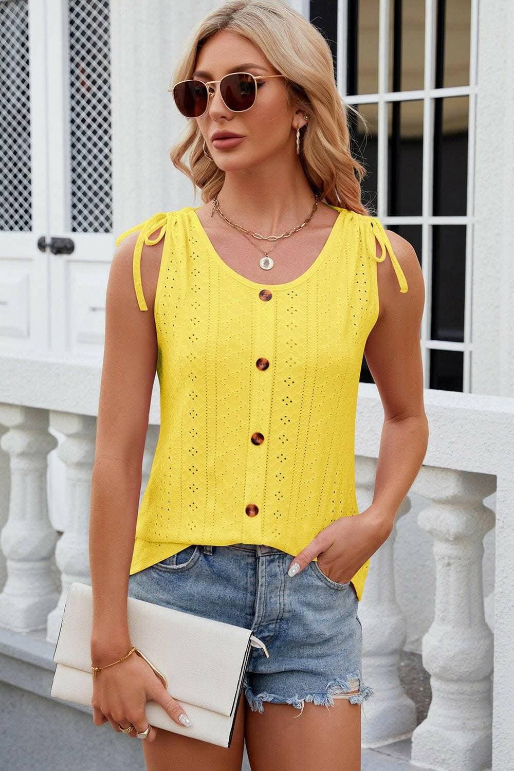 Eyelet Round Neck Wide Strap Tank - Love Salve