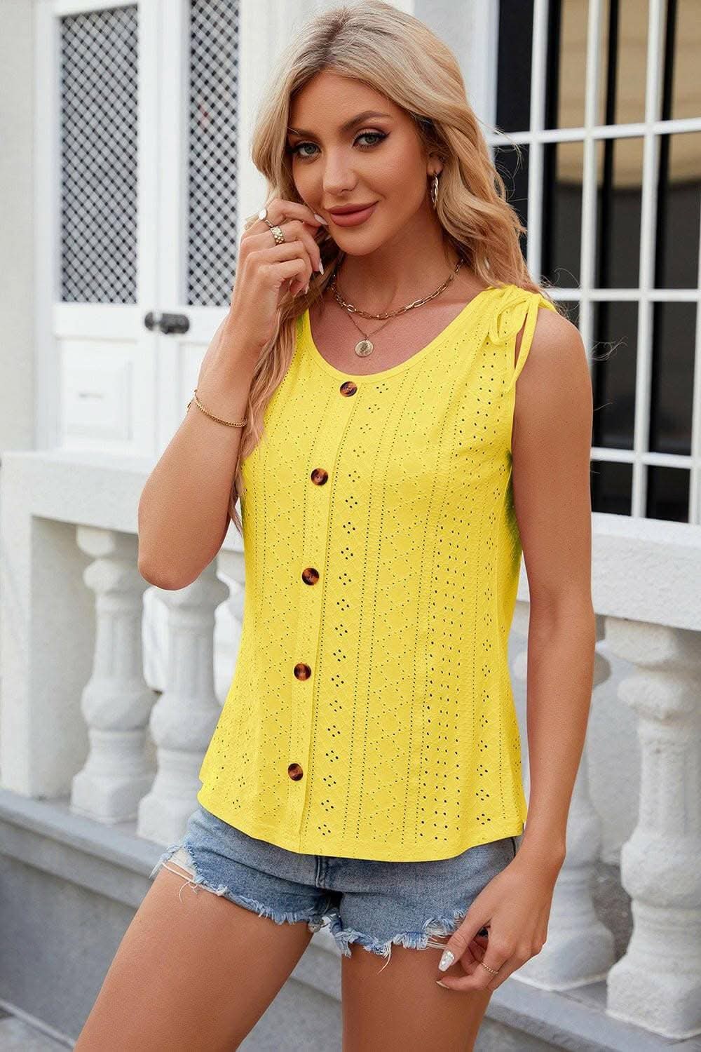 Eyelet Round Neck Wide Strap Tank - Love Salve