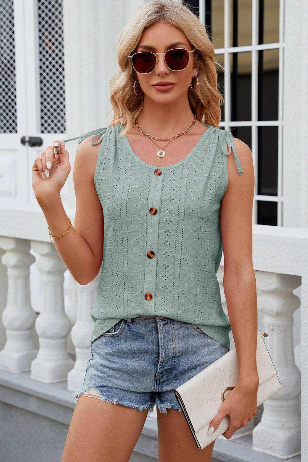 Eyelet Round Neck Wide Strap Tank - Love Salve