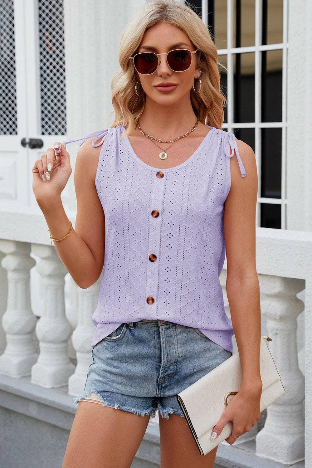 Eyelet Round Neck Wide Strap Tank - Love Salve
