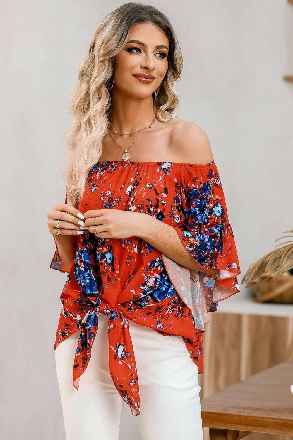 Elegant Tied Print Off-Shoulder Blouse with Half Sleeves - Love Salve