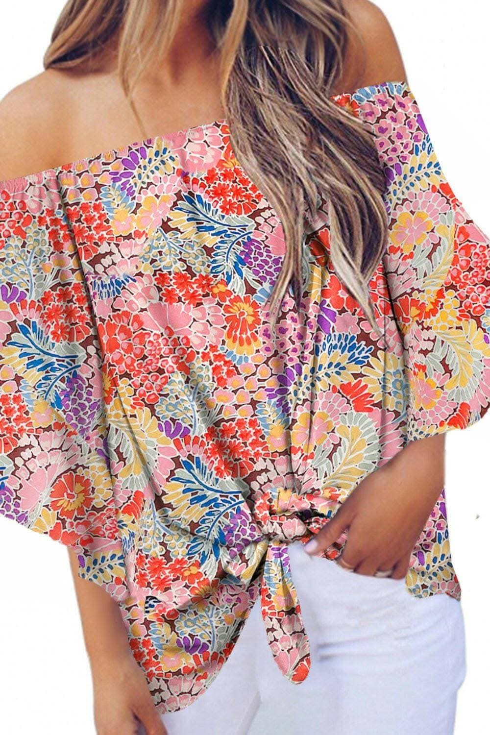 Elegant Tied Print Off-Shoulder Blouse with Half Sleeves - Love Salve