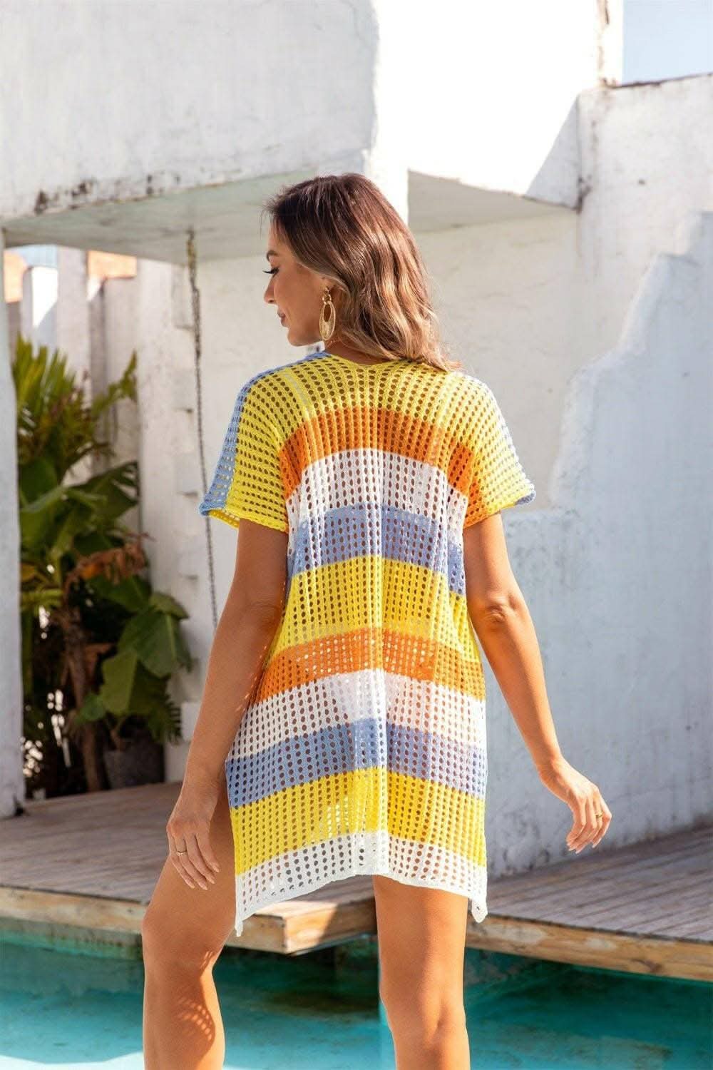 Elegant Sheer Striped V-Neck Beach Cover Up with Intricate Openwork Design - Love Salve