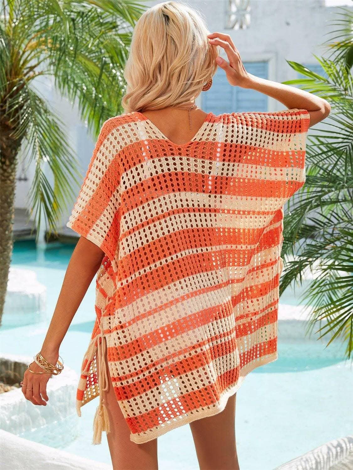 Sheer Striped V-Neck Cover-Up with Tassel Embellishments - Love Salve